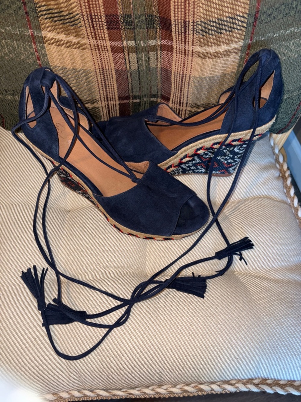 CAbi Navy Suede Lace-Up Espadrille Wedges